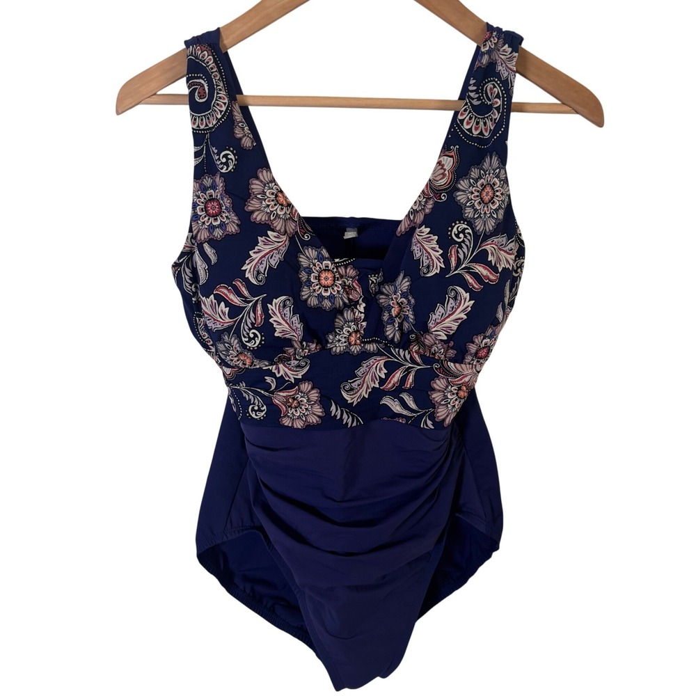 Lands' End Womens Swimsuit Sz 8 One Piece Navy Blue Floral Adjustable Straps